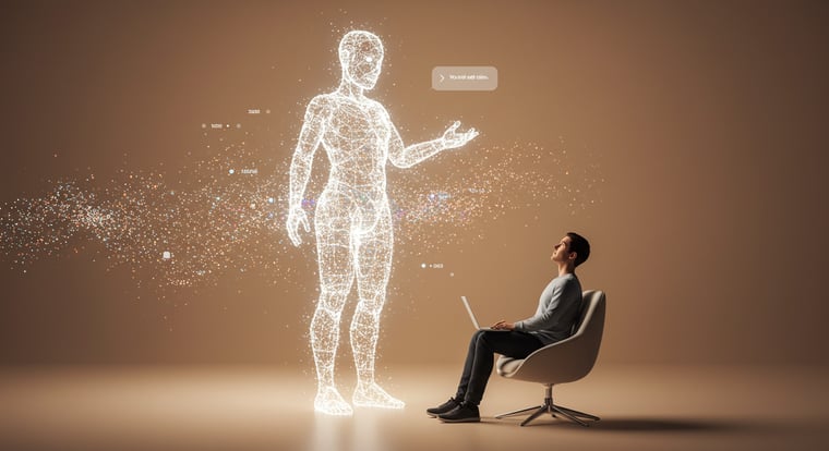 A man looking up at an AI personification in light
