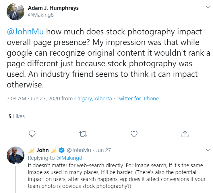 Google's John Mueller's tweet on the impact off stock photography on seo